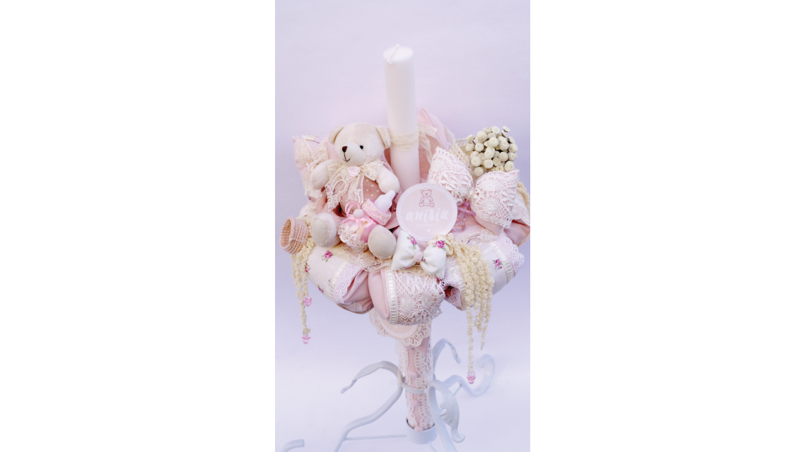 Lumanare de botez pentru fete, cu flori si ursuleti, 65x4 cm, Baby Charm 3
